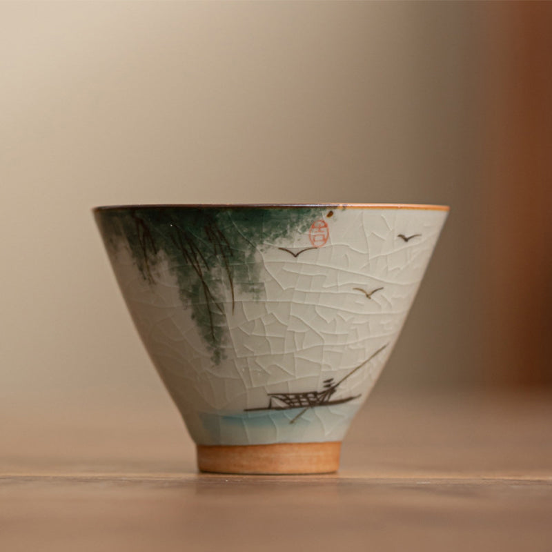Buddha Stones Persimmon Boat Koi Fish Lotus Ceramic Teacup Kung Fu Tea Cup 50ml Cup BS Boat 6.6cm*4.9cm*50ml