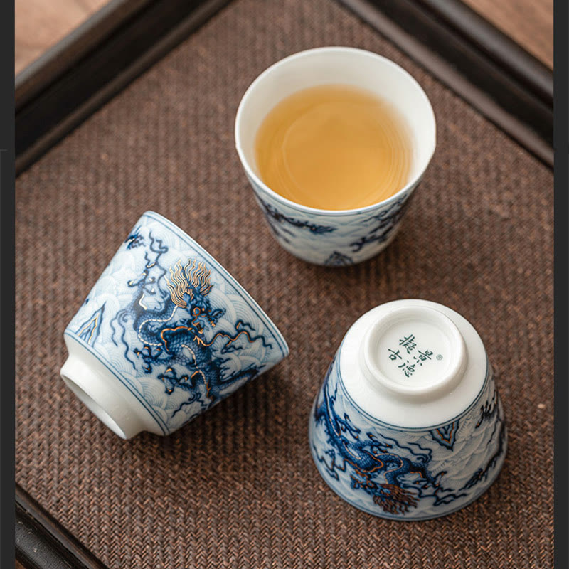 Buddha Stones Small Blue And White Dragon Pattern Ceramic Teacup Kung Fu Tea Cups 45ml Cup BS 12