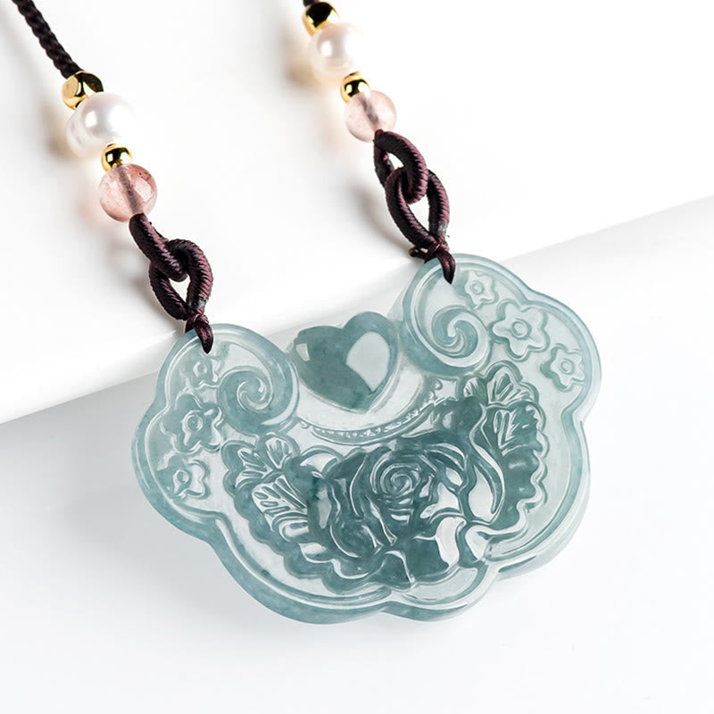 Buddha Stones Natural Jade Peony Flower Lock of Good Wishes Prosperity Necklace Pendant Necklaces & Pendants BS 1