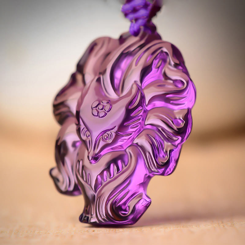 Buddha Stones Natural Amethyst White Crystal Citrine Nine Tailed Fox Luck Necklace Pendant Necklaces & Pendants BS 2
