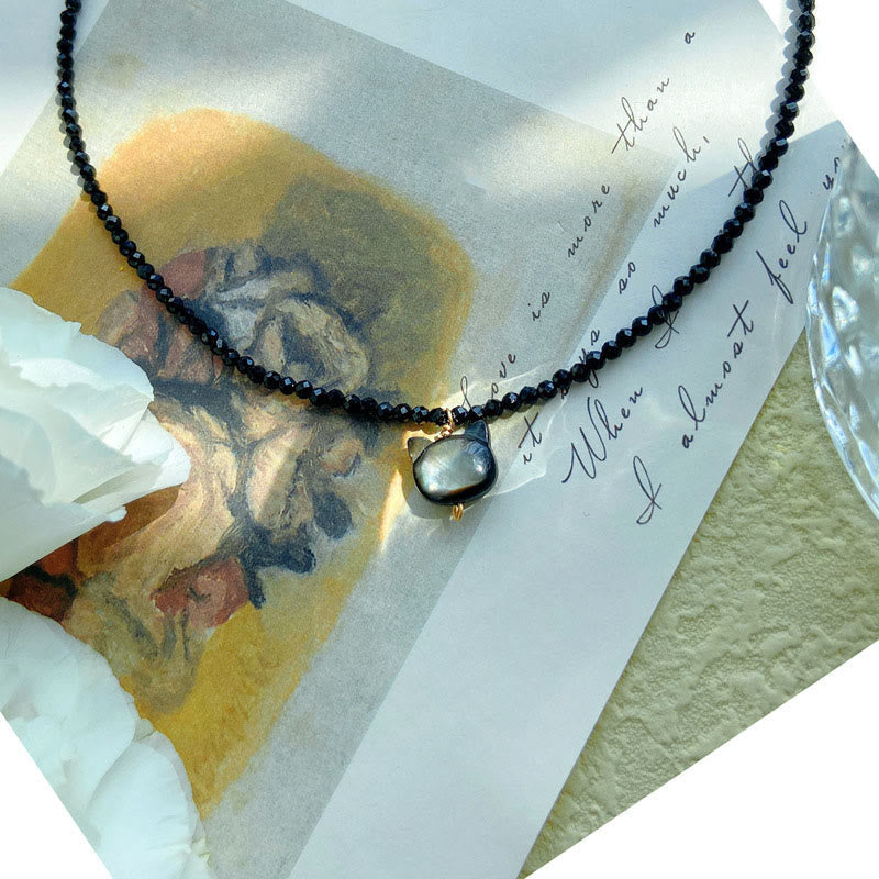 Buddha Stones Black Spinel Cute Cat Motivate Choker Necklace Bracelet Necklaces & Pendants BS 2