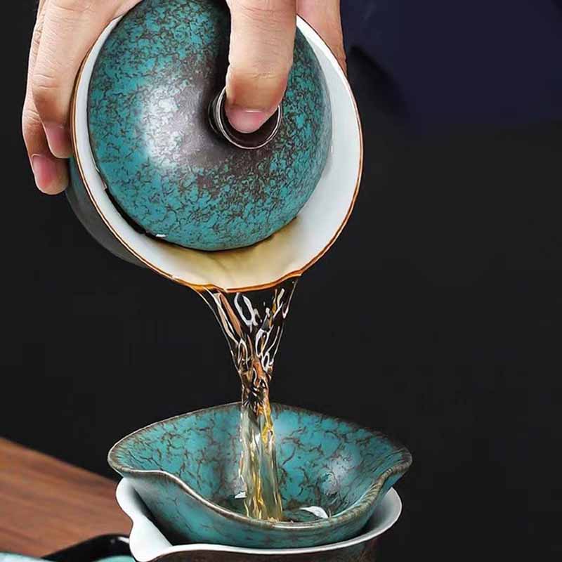 Buddha Stones Traditional Pine Tree Green Ceramic Gaiwan Sancai Teacup Kung Fu Tea Cup And Saucer With Lid Cup BS 9