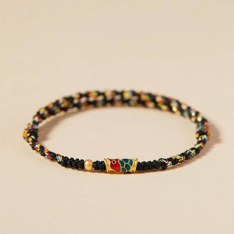 Buddha Stones Handcrafted Koi Fish Wealth Prosperity Braided Rope Bracelet Bracelet BS Black Colorful(Wrist Circumference 14-17.5cm) Golden Bead