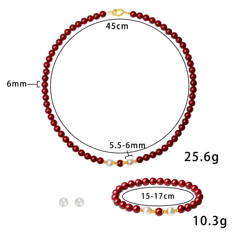 Buddha Stones 925 Sterling Silver Natural Cinnabar Pearl Blessing Necklace Pendant Bracelet Earrings Jewelry Set Bracelet Necklaces & Pendants BS 8
