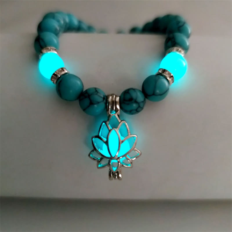 Buddha Stones Tibetan Turquoise Glowstone Luminous Bead Lotus Protection Bracelet Bracelet BS Blue Turquoise Blue-Green Light
