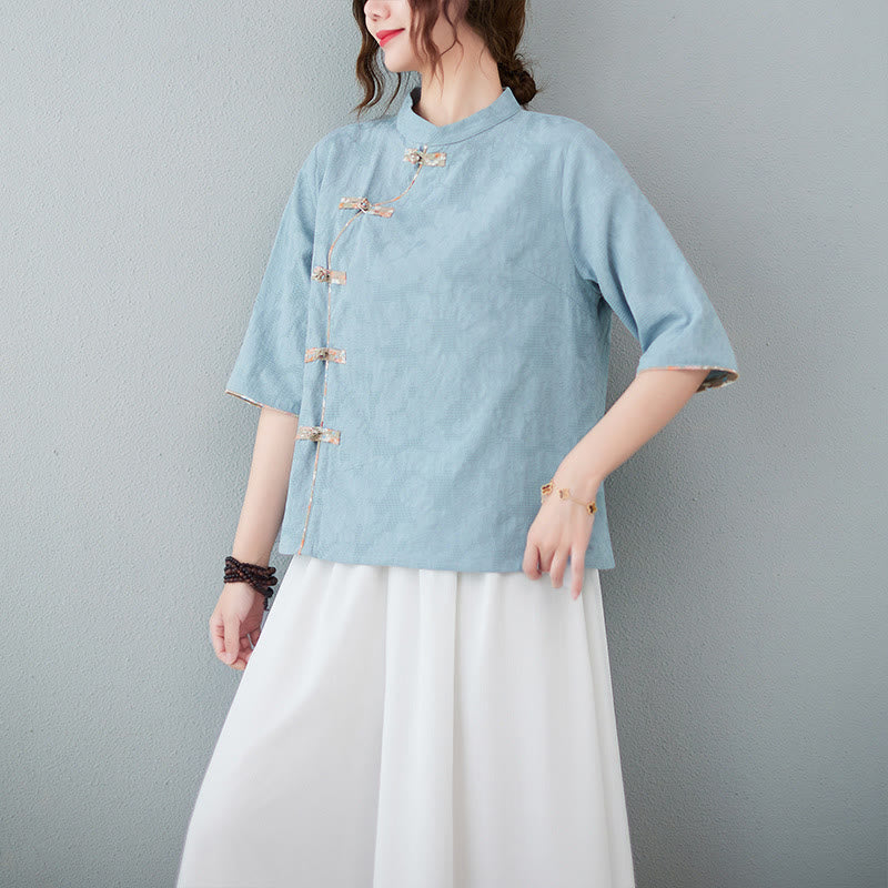Buddha Stones Floral Pattern Frog-Button Half Sleeve Cotton Linen Shirt Women's Shirts BS LightSteelBlue 2XL(Fit for US8-10; UK/AU12-14; EU40-42)