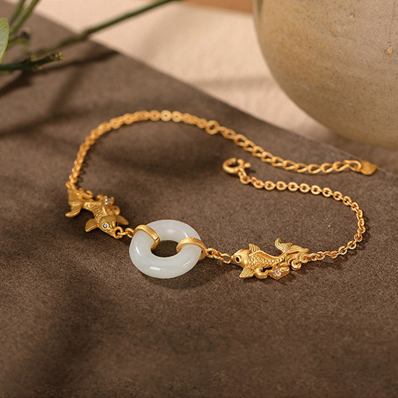 Buddha Stones White Jade Koi Fish Prosperity Bracelet Bracelet BS 4