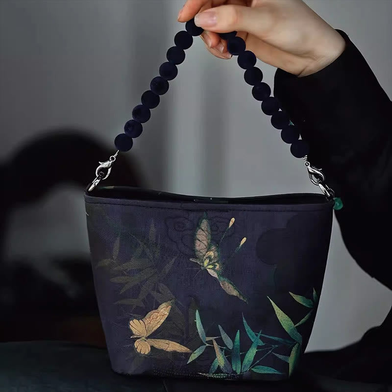 Buddha Stones Small Bamboo Leaves Butterfly Peony Flowers Magpie Metal Chain Crossbody Bag Shoulder Bag Handbag Handbags BS Purple-Blue Butterfly Bamboo 14*18*9cm