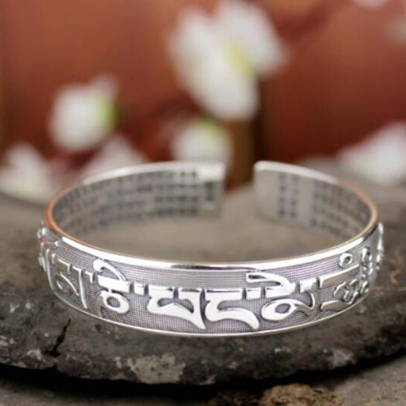 Buddhastoneshop Tibetan Sanskrit White Copper Meditation Prayer Bracelet Bangle