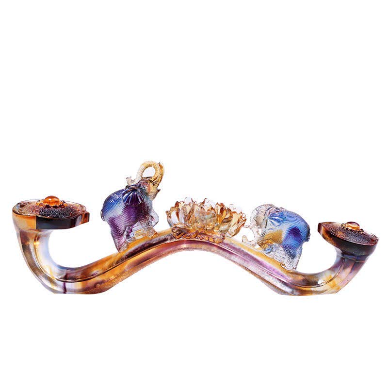 Buddha Stones Handmade Liuli Crystal Ruyi Elephant Art Piece Home Decoration With Crystal Base Decorations BS 5