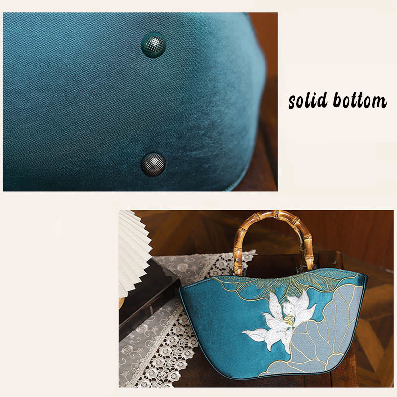 Buddha Stones Lotus Embroidery Bamboo Handle Handbag Handbags BS 7