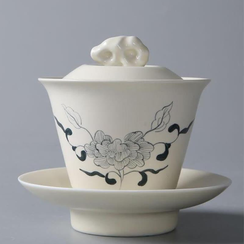 Buddha Stones Hand Painted Pomegranate Hibiscus Pine Lotus Ceramic Gaiwan Sancai Teacup Kung Fu Tea Cup And Saucer With Lid Cup BS 9*10cm*170ml Hibiscus