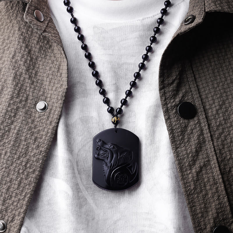 Collier pendentif loup en obsidienne noire Foviel pour la purification