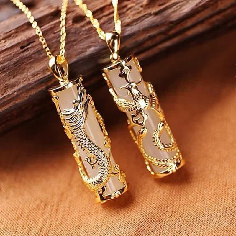 Buddhastoneshop Jade Dragon Phoenix Copper Blessing Harmony Necklace Pendant