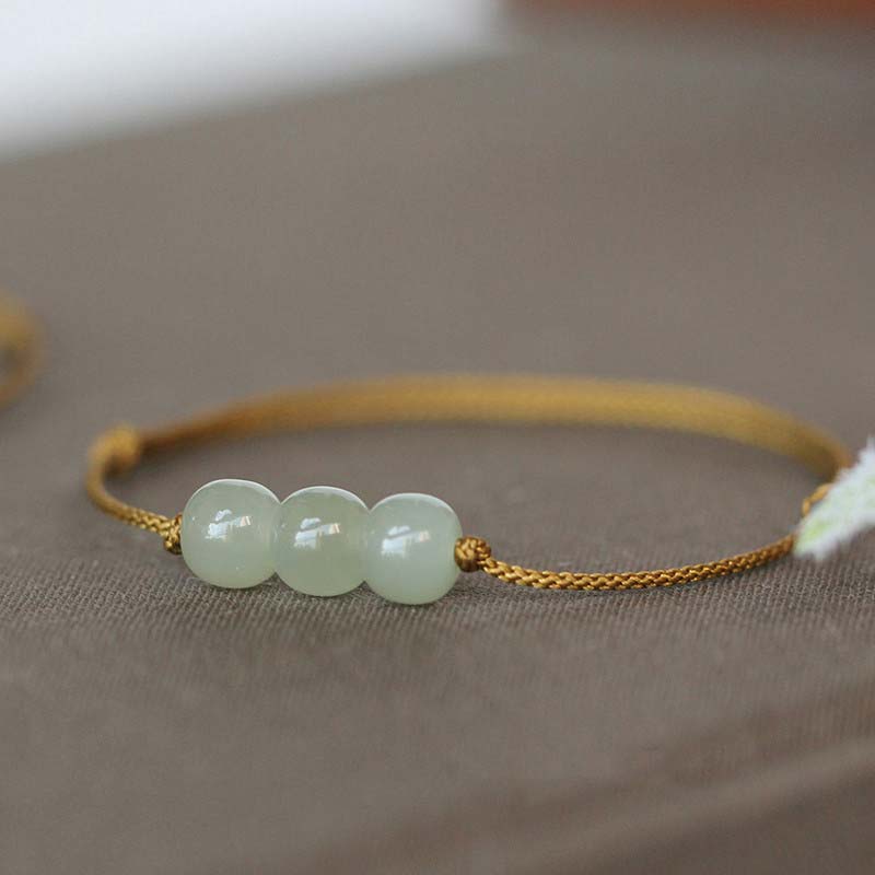 Buddha Stones Three Beads Jade Luck String Weave Bracelet Bracelet BS Brown(Wrist Circumference 14-20cm)