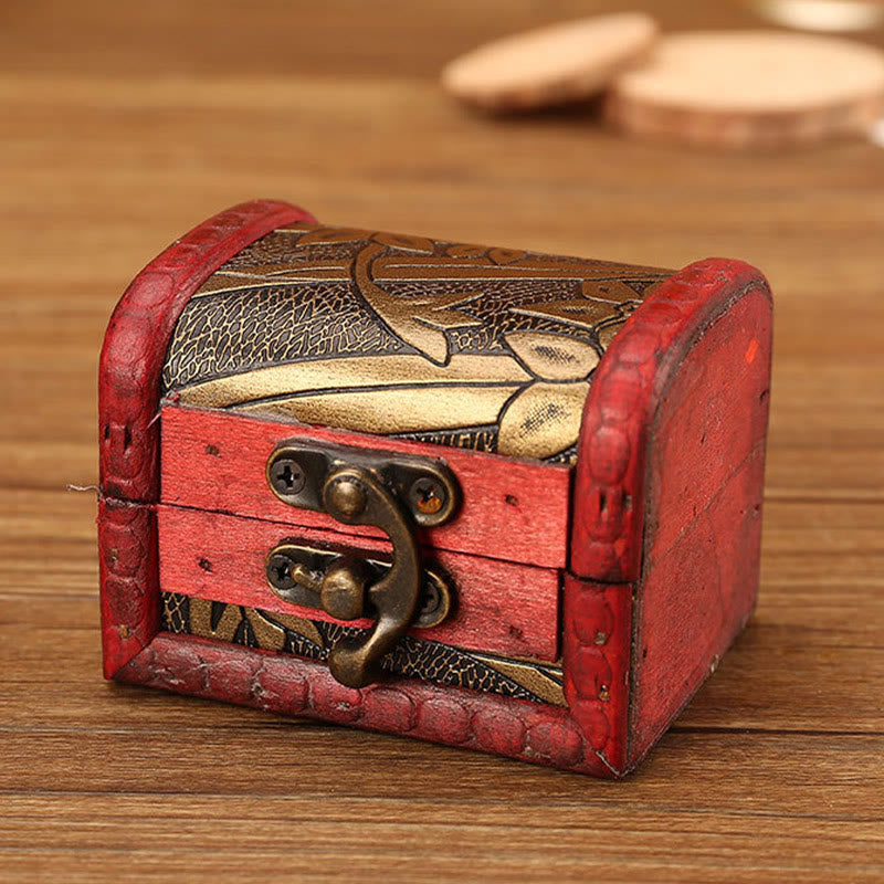 Buddha Stones Retro Small Wood Jewelry Box Lotus Golden Grape Copper Coin Daffodil Grass Flower Jewelry Storage Box Jewelry Box BS Daffodil 8*6.5*6cm