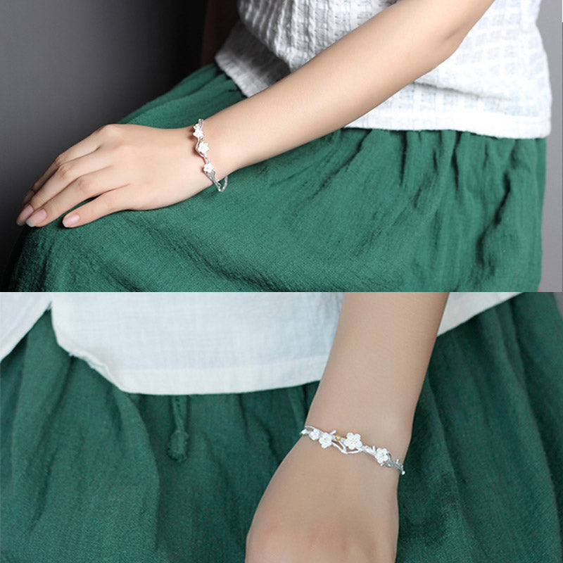 Buddha Stones 925 Sterling Silver Plum Flower Blessing Bracelet Adjustable Bangle Bracelet BS 11
