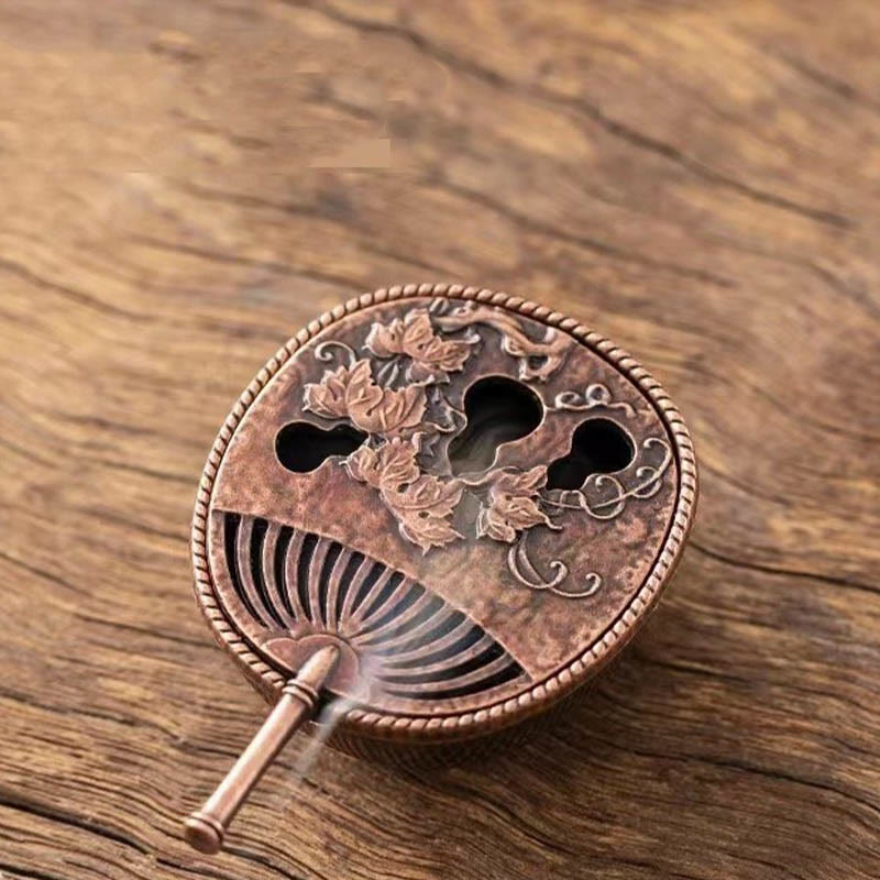 Buddha Stones Small Mini Gourd Fan Pipa Copper Alloy Incense Burner Decoration With Incense Incense Burner BS Red Bronze Gourd Fan 3.8*5.7*3.8cm