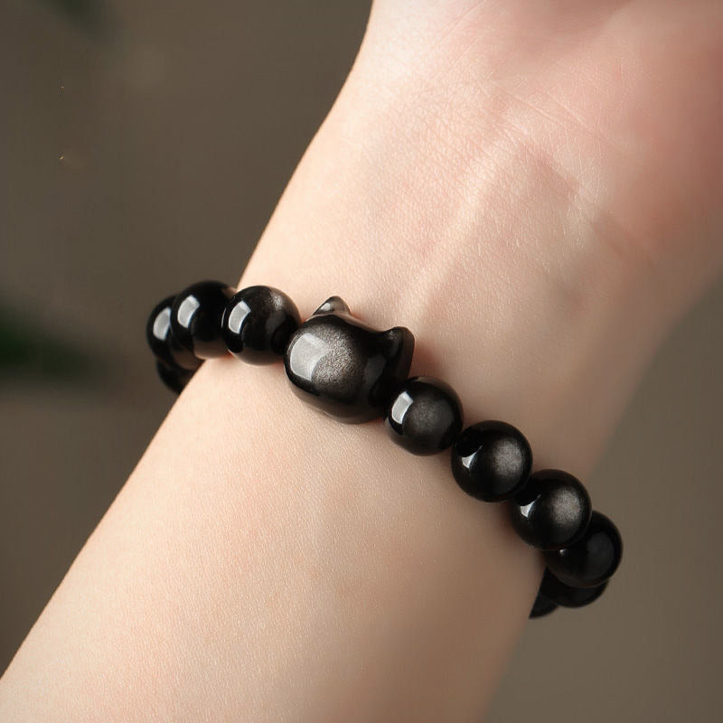 Foviel Gold Sheen Obsidian Silver Sheen Obsidian Lovely Paw Lucky Cat Protection Bracelet