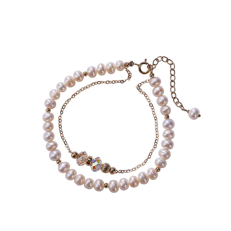 Buddha Stones 925 Sterling Silver 14K Gold Plated Natural Pearl Crystal Healing Double Layer Bracelet Bracelet BS 9