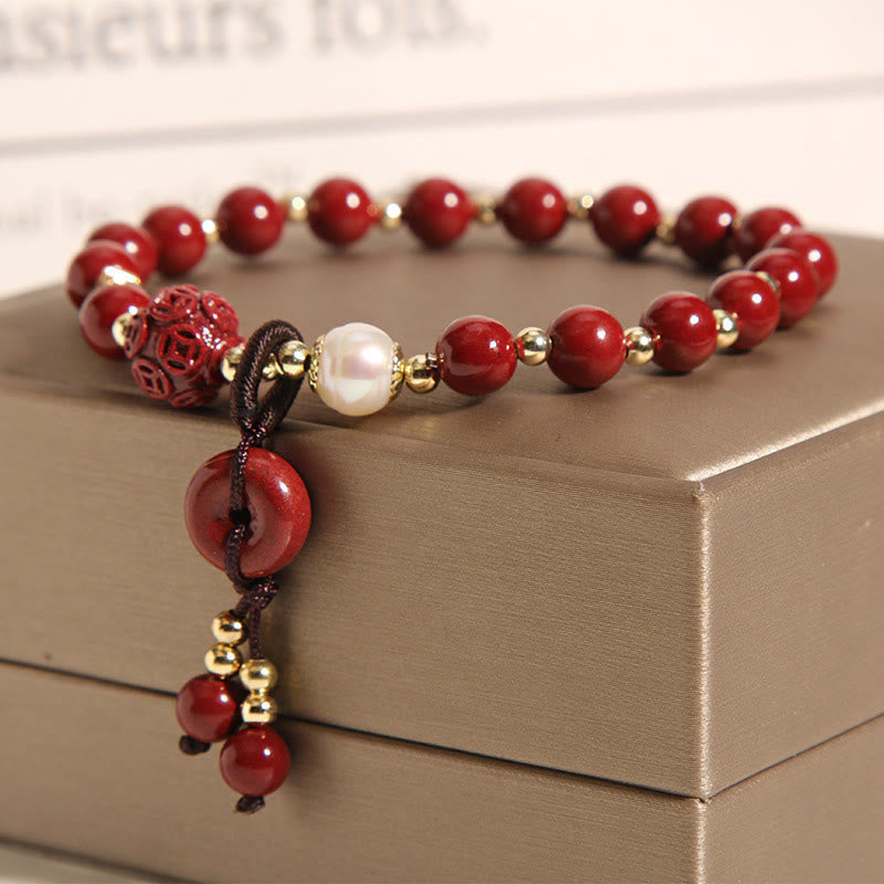 Buddha Stones Natural Cinnabar Peace Buckle Copper Coin Charm Blessing Bracelet Bracelet BS 3