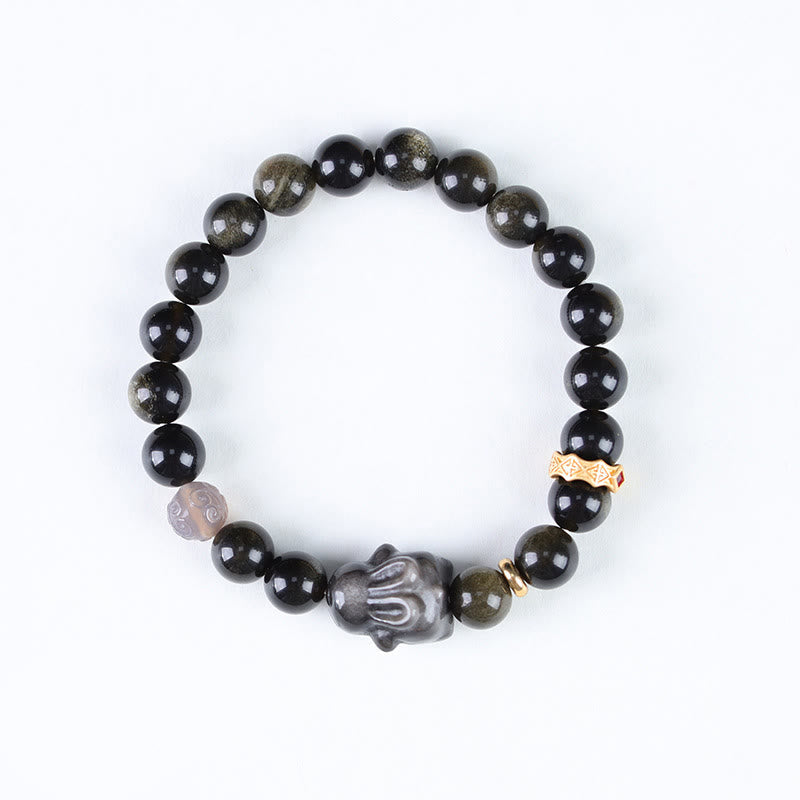 Buddha Stones Gold Sheen Obsidian Black Obsidian Silver Sheen Obsidian Cute Rabbit Protection Bracelet Bracelet BS 2