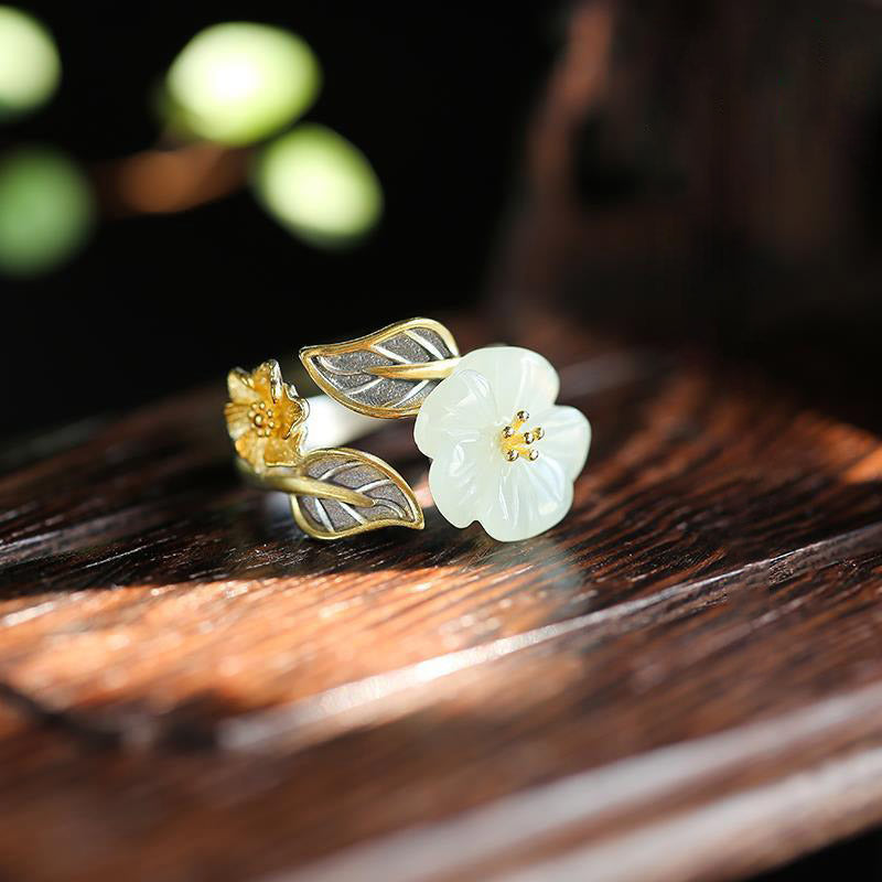 Buddha Stones 925 Silver Plated Copper White Jade Plum Flower Leaf Luck Ring Rings BS 7