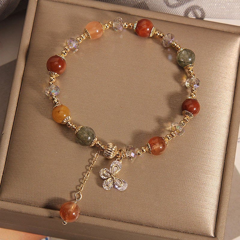 Buddha Stones Natural Fu Lu Shou Rainbow Crystal Rutilated Quartz Wealth Butterfly Charm Bracelet Bracelet BS 5