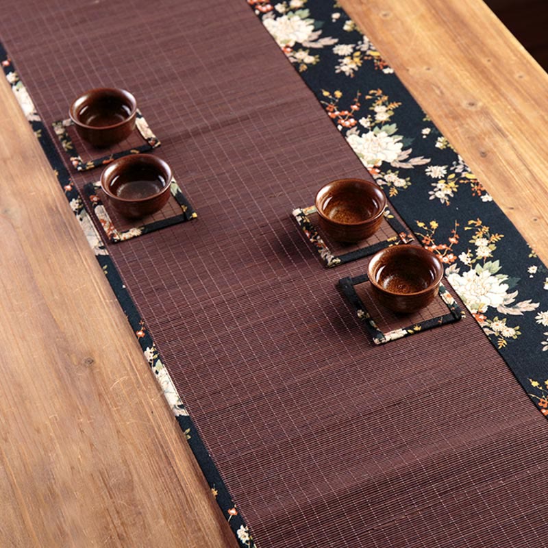 Buddha Stones Vintage Peony Flower Blossom Bamboo Cup Mat Pad Tea Cup Coaster Kung Fu Tea Mat Tea Mat BS 11