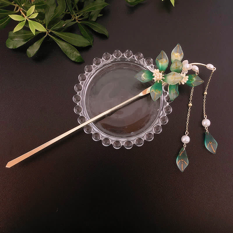 Buddha Stones Flower Leaf Pearl Peace Tassel Hairpin Hairpin BS 10