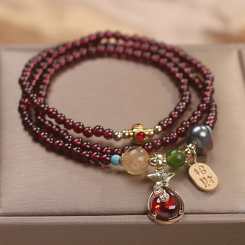 Buddha Stones Multi Layered Natural Garnet Jade Coin Money Bag Attracting Wealth Protection Bracelet Bracelet BS 3