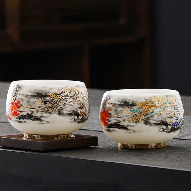 Buddha Stones Dragon Playing With Pearl Design White Porcelain Ceramic Teacup Kung Fu Tea Cup 160ml Cup BS 8