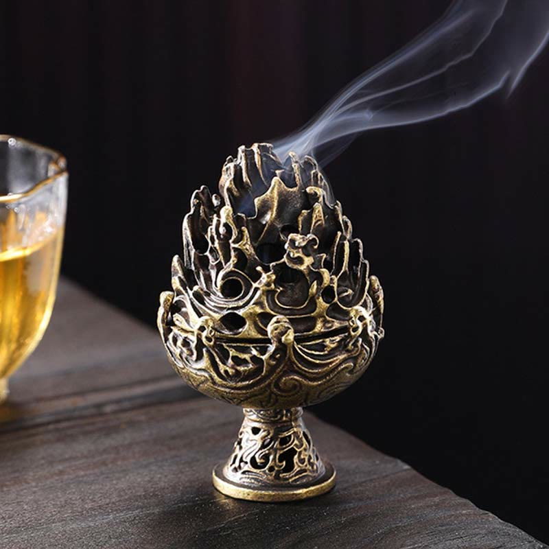Buddha Stones Tibetan Mini Mountain Pattern Meditation Copper Alloy Incense Burner Incense Burner BS 1