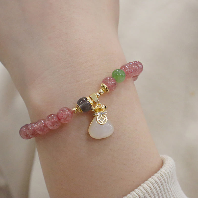 Buddha Stones Natural Strawberry Quartz Jade Peace Buckle Coin Purse Healing Bracelet Bracelet BS Strawberry Crystal Coin Purse Bracelet(Wrist Circumference: 14-16cm)