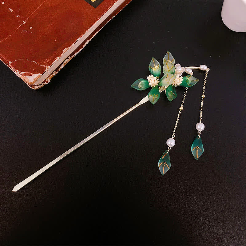 Buddha Stones Flower Leaf Pearl Peace Tassel Hairpin Hairpin BS 8
