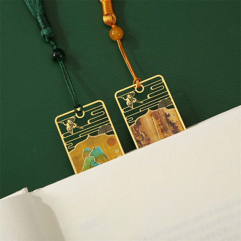 Buddha Stones A Panorama of Rivers and Mountains Metal Hollow Bookmarks Tassel With Gift Box Bookmarks BS 14