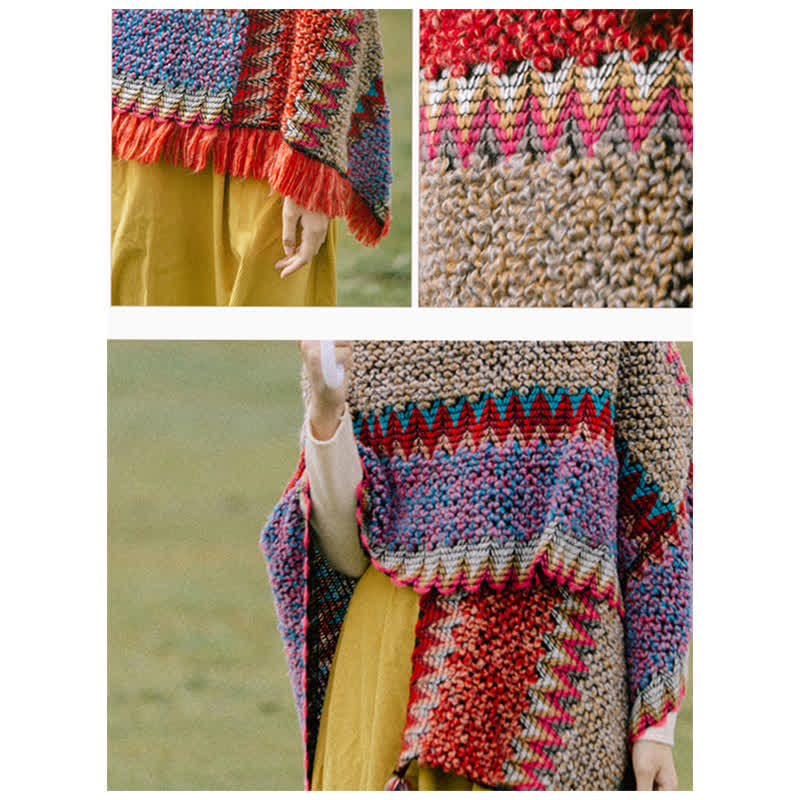 Buddha Stones Tibetan Shawl Knitting Warm Cloak Tibetan Tassel Scarf Tibetan Shawl BS 12