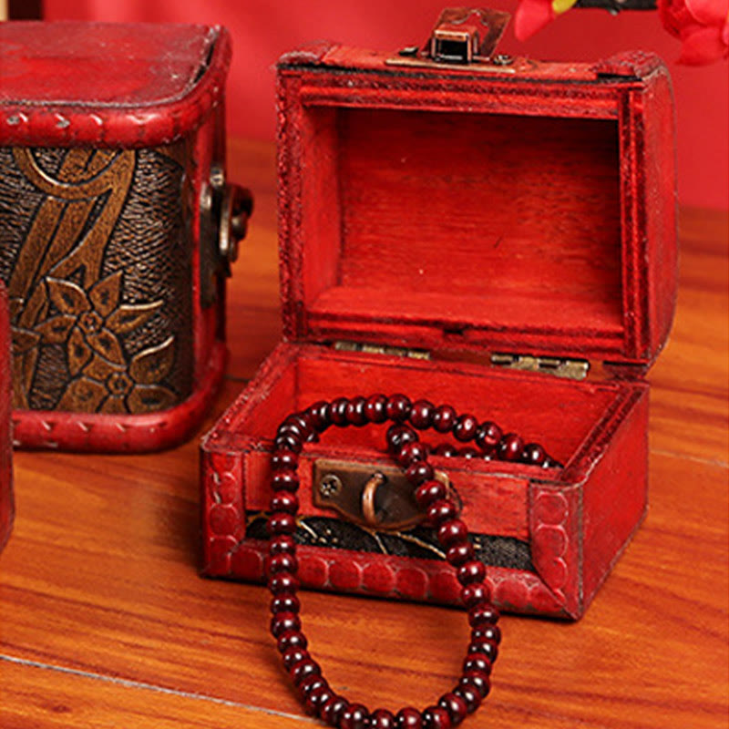 Buddha Stones Retro Small Wood Jewelry Box Lotus Golden Grape Copper Coin Daffodil Grass Flower Jewelry Storage Box Jewelry Box BS 17