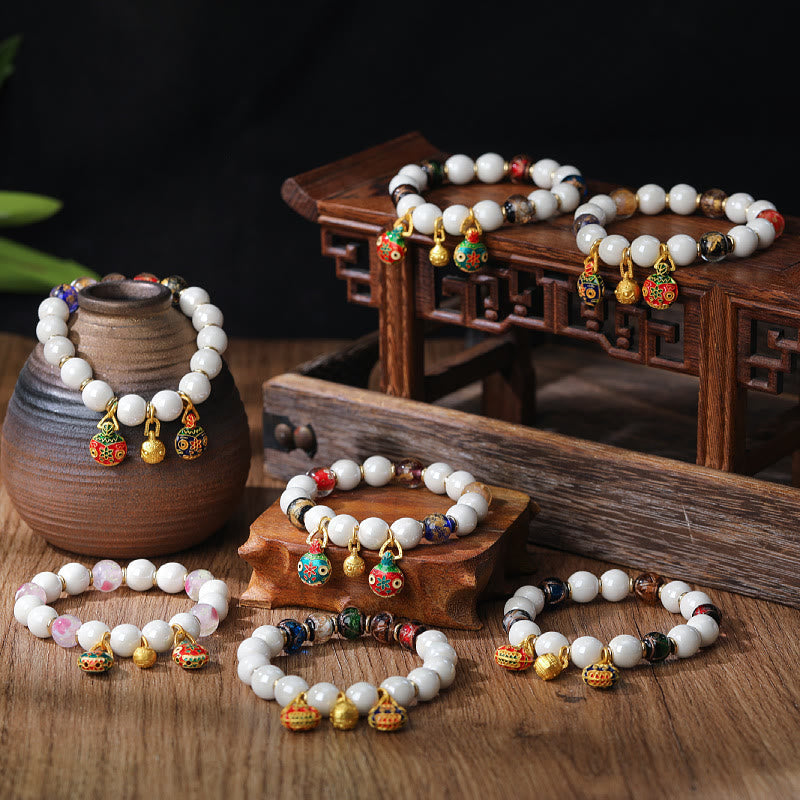 Buddha Stones Gold Swallowing Beast Family Charm Liuli Glass Colorful Porcelain Bead Luck Bracelet Bracelet BS main