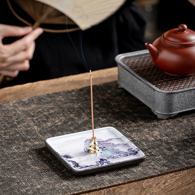 Buddha Stones Mountain Lake Flower Leaf Healing Ceramic Plate Tray Stick Incense Burner Decoration Incense Burner BS Purple Mountain 10.2*10.2*1.2cm