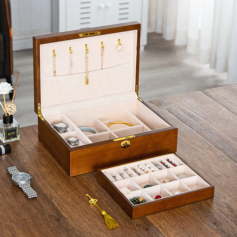 Buddha Stones Vintage Wooden Jewelry Box Two-Layer Solid Wood Jewelry Storage Box Jewelry Box BS 3