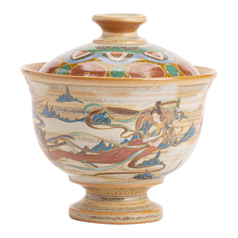 Buddha Stones Dunhuang Flying Apsaras Ceramic Gaiwan Sancai Teacup Kung Fu Tea Cup With Lid Cup BS 10