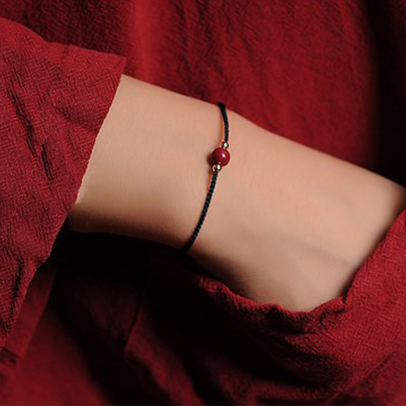 Buddha Stones 14K Gold Plated Natural Cinnabar Blessing String Braided Bracelet Bracelet BS Black(Wrist Circumference 14-15.5cm) One Cinnabar Bead
