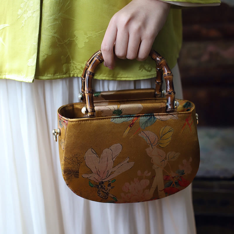 Buddha Stones Vintage Flower Peony Metal Chain Zipper Handbag Crossbody Bag Shoulder Bag Handbags BS Yellow Flower Bamboo Handle 20*14*7cm