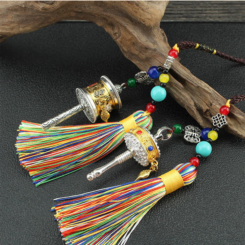 Buddha Stones Tibet Om Mani Padme Hum Prayer Wheel Tassel Bag Car Hanging Decoration Car Hanging Decoration BS 2