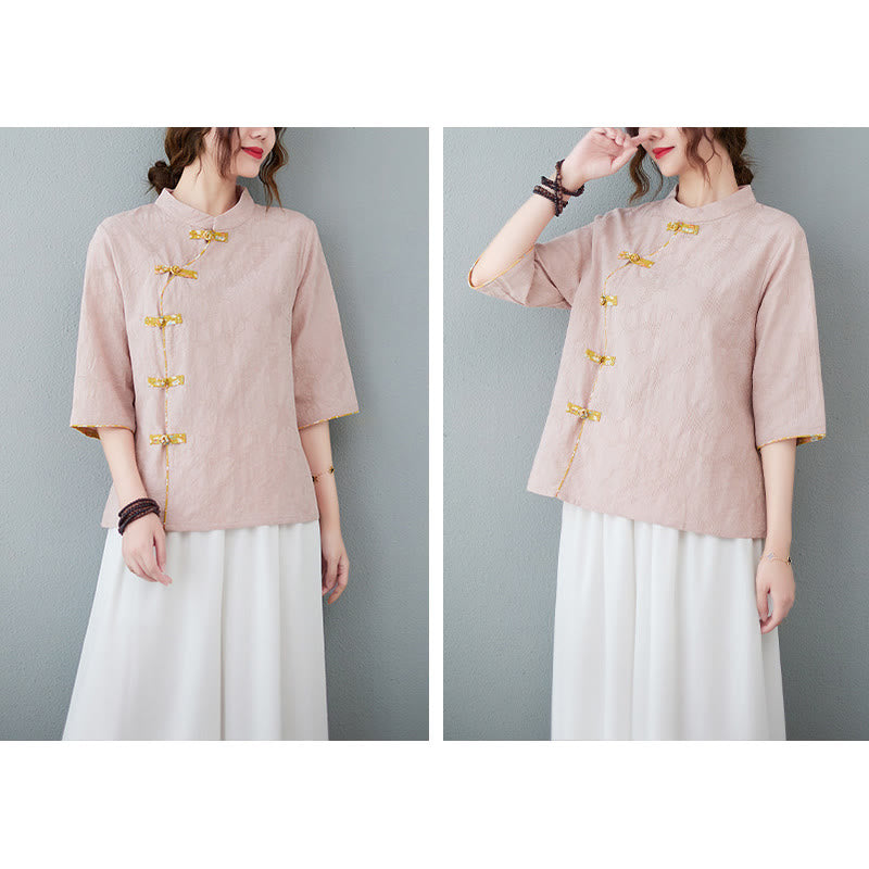 Buddha Stones Floral Pattern Frog-Button Half Sleeve Cotton Linen Shirt Women's Shirts BS 1