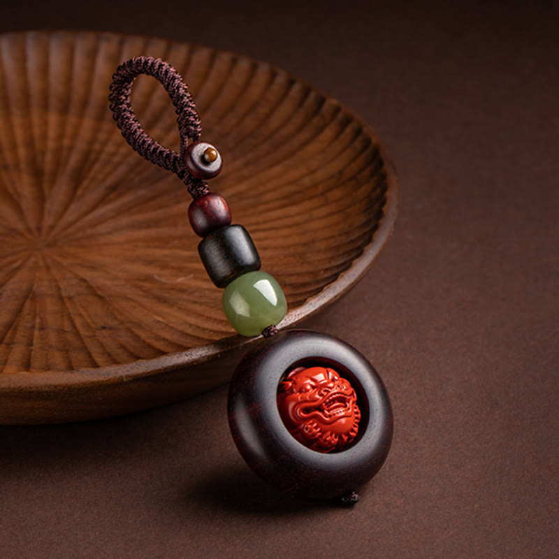 Foviel Tibet Om Mani Padme Hum PiXiu Copper Coin Small Leaf Red Sandalwood Cinnabar Protection Key Chain