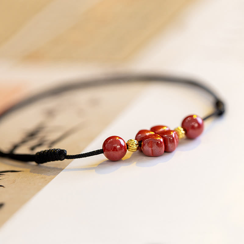 Buddha Stones Four Leaf Clover Cinnabar Blessing Calm String Bracelet Anklet Bracelet BS 23