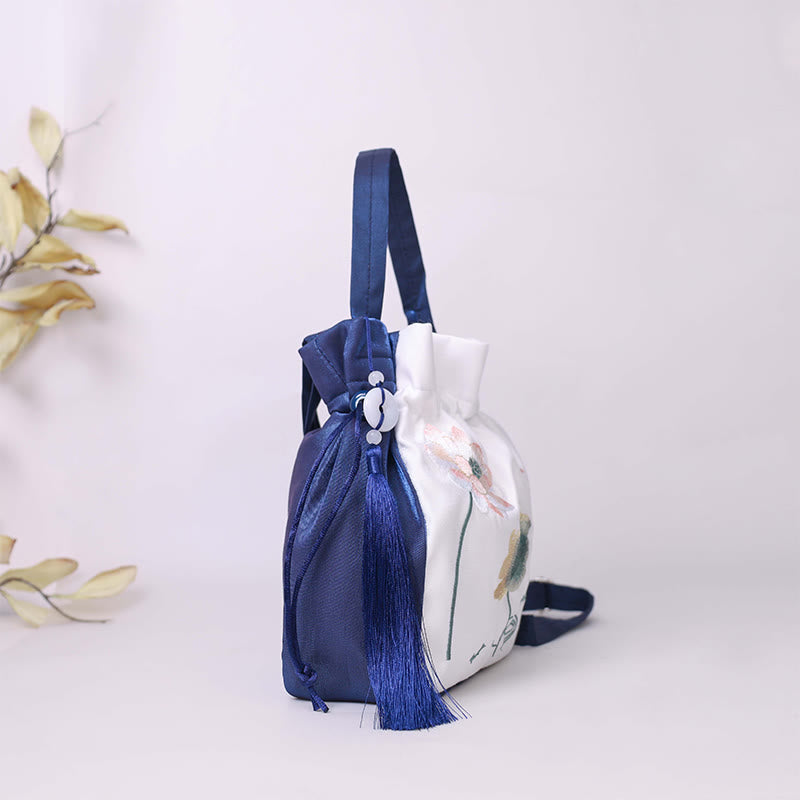 Buddha Stones Embroidered Lotus Koi Fish Crane Camellia Cotton Linen Tote Crossbody Bag Shoulder Bag Handbag Crossbody Bag BS 4