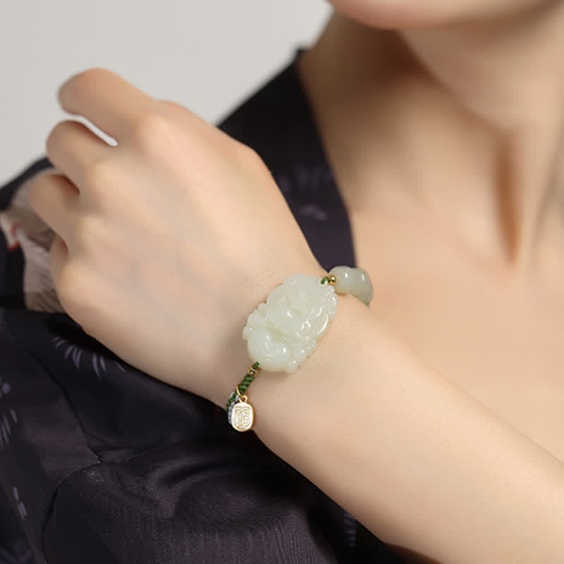 Buddha Stones 925 Sterling Silver Chinese Zodiac Hetian Jade Happiness Luck String Bracelet Bracelet BS 19
